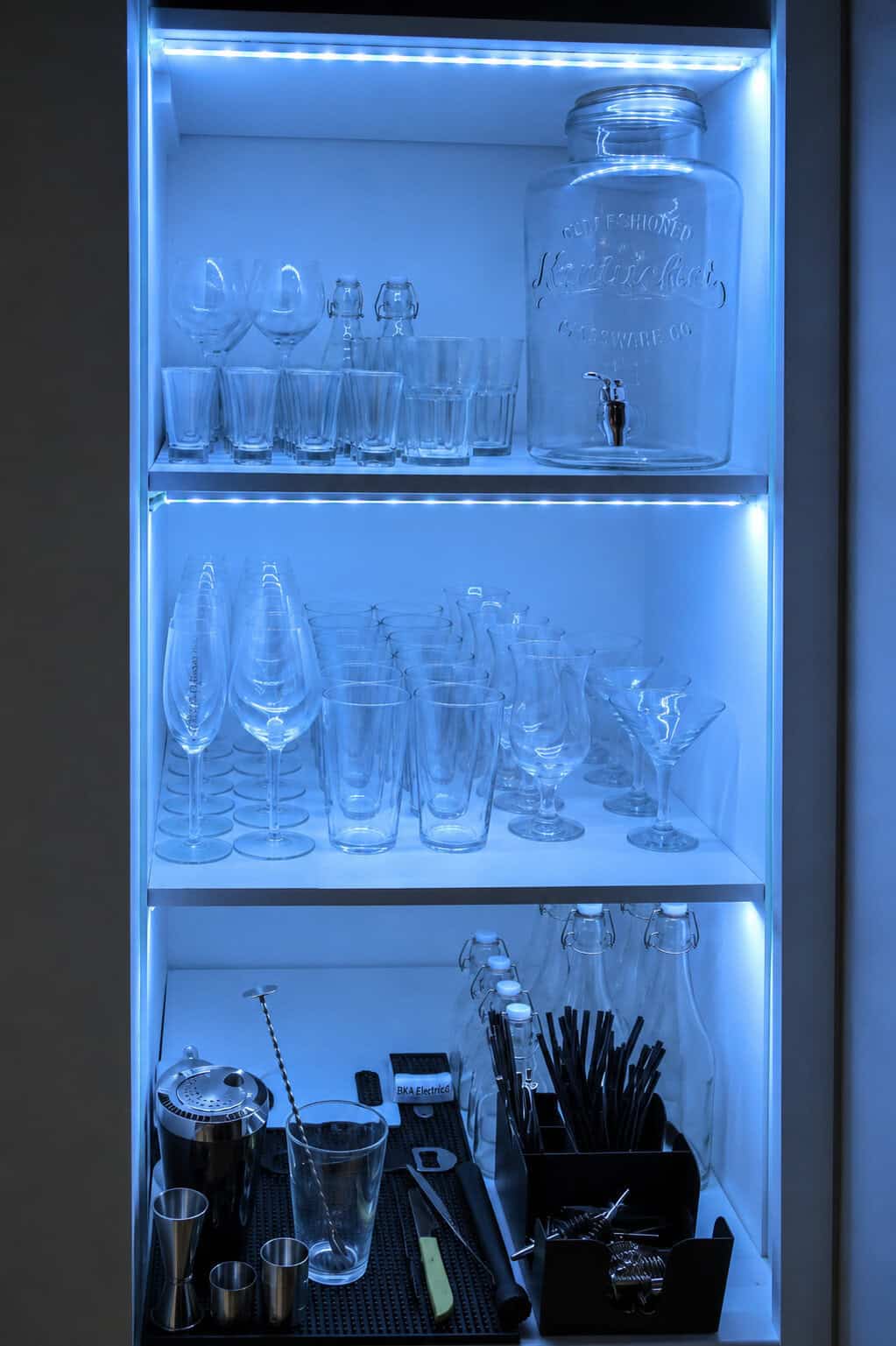Decorative LED cabinet lighting installed during a full house rewire near Elm Grove, Brighton