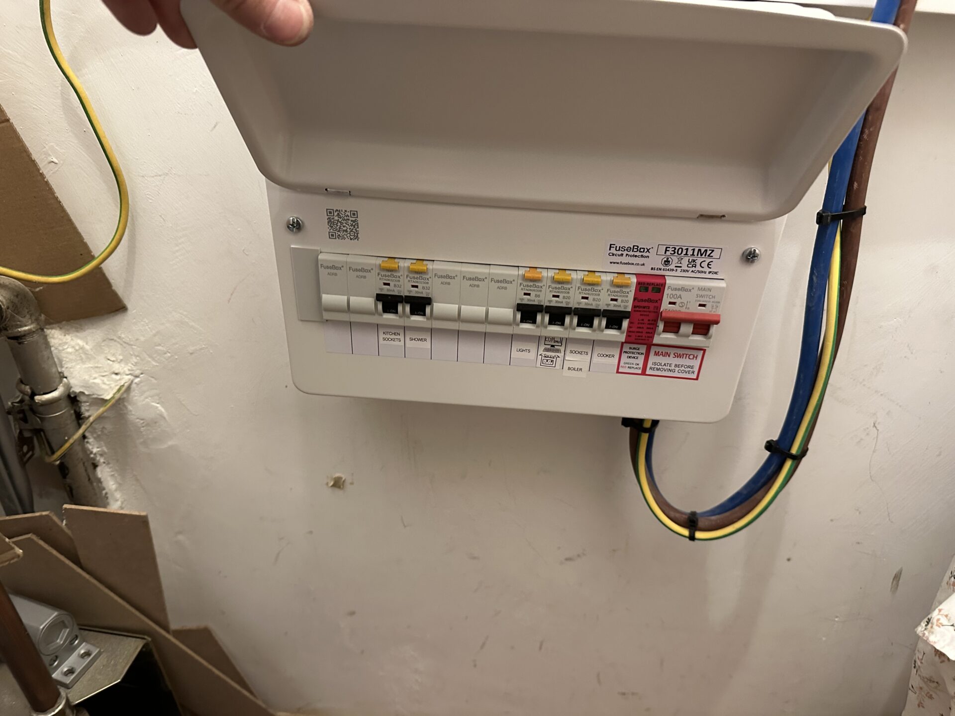 Completed FuseBox consumer unit replacement in Brighton with clearly labelled kitchen and household circuits